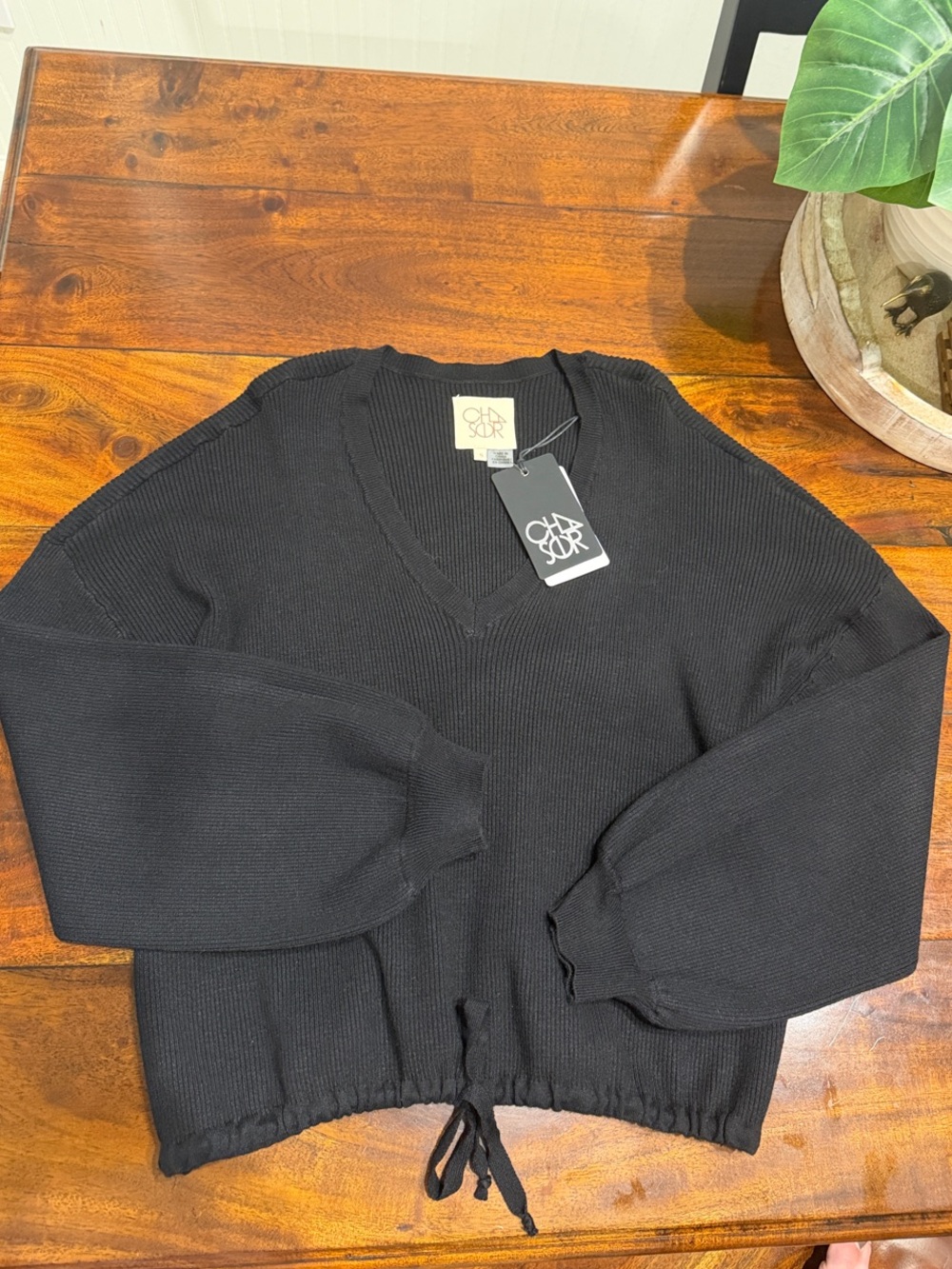 Chaser Black V-Neck Drawstring Hem Sweater